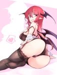  1girl ass ass_visible_through_thighs back bangs bare_shoulders bat_wings black_bra black_legwear blush bra breasts buckle commentary_request demon_girl demon_tail demon_wings eyelashes fang fingernails fingers fumitsuki_(minaduki_6) garter_straps hand_on_own_thigh head_wings heart koakuma lace-trimmed_legwear lace_trim large_breasts long_hair looking_at_viewer looking_back lying on_side open_bra open_clothes open_mouth open_shirt pink_background pointy_ears red_eyes red_hair shiny shiny_skin shirt shoulder_blades spoken_heart tail thighhighs touhou underwear white_shirt wings 