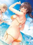  2girls arm_up ass bangs bare_arms bare_shoulders bikini black_hair blue_sky blush breasts brown_eyes brown_hair cleavage cloud day diagonal-striped_bikini diagonal_stripes dutch_angle eyebrows_visible_through_hair from_behind hair_between_eyes highres horizon long_hair looking_at_another looking_at_viewer looking_back low_twintails medium_breasts multiple_girls ocean orange_bikini original outdoors purple_eyes shiro_kuma_shake side-tie_bikini sky splashing striped striped_bikini swimsuit twintails untied untied_bikini wardrobe_malfunction water 