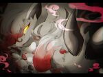  claws commentary_request evolutionary_line film_grain glowing glowing_eyes grey_fur hisuian_zoroark hisuian_zorua letterboxed looking_at_viewer naoto_(shion) pokemon pokemon_(creature) yellow_eyes 