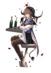  1girl alcohol animal_ears arknights blue_shirt blush bottle brown_hair brown_legwear coat cow_ears cow_girl cow_tail cup drink drinking_glass drunk flower from_side full_body green_eyes highres holding holding_cup long_hair long_sleeves looking_at_viewer looking_to_the_side maria_(syake-uni) open_clothes open_coat pallas_(arknights) pantyhose parted_lips petals pleated_skirt red_flower red_rose rose rose_petals shirt simple_background sitting skirt solo stool tail veil white_background white_coat white_skirt wine wine_bottle wine_glass 