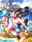  1girl :d bangs black_hair blue_legwear blurry blush body_blush breasts bubble commentary_request cosplay crasher_wake crasher_wake_(cosplay) dawn_(pokemon) eyelashes floating_hair floatzel grey_eyes hair_ornament hairclip highres leggings long_hair musical_note nipples open_mouth orange_footwear poke_ball pokemon pokemon_(creature) pokemon_(game) pokemon_bdsp rorretsim shoes sidelocks smile teeth tongue topless upper_teeth water 