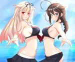  2girls ahoge bare_shoulders bikini_skirt black_ribbon blonde_hair blue_eyes braid breasts brown_hair from_side gradient_hair hair_flaps hair_over_shoulder hair_ribbon heart highres kantai_collection long_hair looking_at_viewer looking_to_the_side multicolored_hair multiple_girls nitamako_(sakamalh) official_alternate_costume red_eyes remodel_(kantai_collection) ribbon sailor_bikini sailor_collar shigure_(kancolle) sideboob smile yuudachi_(kancolle) 