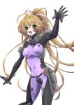  1girl blush bodysuit breasts bright_pupils brown_eyes brown_hair eyebrows_visible_through_hair floating_hair fortified_suit hair_ribbon highres kamon_rider katia_waldheim long_hair muvluv muvluv_alternative open_hand open_mouth pilot_suit purple_ribbon ribbon schwarzesmarken small_breasts smile solo white_background white_pupils 