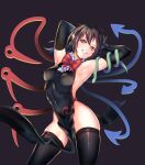  1girl adapted_costume armpits arms_up asymmetrical_wings black_hair black_legwear blush breasts contrapposto covered_navel covered_nipples elbow_gloves gloves grin highres houjuu_nue long_hair looking_at_viewer pointy_ears puck100ml red_eyes simple_background small_breasts smile solo thighhighs touhou wings 