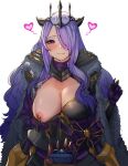  1girl alternate_costume armor armored_dress bangs black_dress blush breasts brown_gloves camilla_(fire_emblem) cape cleavage clothes_pull commentary commission covered_mouth crown dress english_commentary fire_emblem fire_emblem_fates fire_emblem_heroes fur-trimmed_cape fur_trim gauntlets gloves hair_ornament hair_over_one_eye hand_on_own_face heart highres holding horn_ornament horns jewelry large_breasts long_hair long_sleeves looking_at_viewer nipples nyahpa20 official_alternate_costume one_breast_out pov proposal purple_eyes purple_hair ring seductive_smile shiny shiny_skin simple_background smile tiara very_long_hair wavy_hair wedding_ring white_background wide_sleeves 