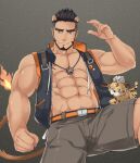  1boy abs alca animal_ears bara bare_arms beard black_hair creature facial_hair grey_shorts gyee highres jacket jewelry lion_boy lion_ears lion_tail male_focus mature_male muscular muscular_male navel necklace nipples open_clothes open_jacket original pectoral_cleavage pectorals renjc shorts sleeveless sleeveless_jacket solo stomach tail thick_eyebrows undercut 