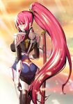  1girl armor ass black_bodysuit blazblue blazblue:_bloodedge_experience blazblue:_central_fiction blazblue_alternative:_dark_war bodysuit breasts detached_sleeves hair_ornament hair_tubes hakumen highres izayoi_(blazblue) katana large_breasts long_hair looking_back naoto_kurogane official_art pauldrons ponytail red_eyes red_hair sheath sheathed shoulder_armor solo sunrise sword toshimichi_mori tsubaki_yayoi very_long_hair weapon white_armor yukianesa 