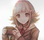  1girl bangs blunt_bangs brown_eyes brown_hair brown_jacket danganronpa_(series) danganronpa_3_(anime) flipped_hair galaga grey_background hair_ornament handheld_game_console holding holding_handheld_game_console jacket long_sleeves looking_at_viewer medium_hair nanami_chiaki neck_ribbon qosic red_ribbon ribbon shiny shiny_hair simple_background smile 