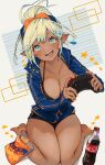  1girl :d bangs barefoot black_bra black_shorts blonde_hair blue_eyes blue_jacket bra breasts chips cleavage coca-cola collarbone commentary commission controller diamond-shaped_pupils diamond_(shape) earrings elf food full_body hair_bun hair_ribbon highres holding holding_controller jacket jewelry kemomin_nosuke looking_at_viewer open_clothes open_jacket open_mouth orange_nails original pointy_ears potato_chips ribbon sharp_teeth short_shorts shorts single_earring sitting skeb_commission smile solo star_(symbol) swept_bangs symbol-shaped_pupils tan teeth underwear wariza 