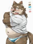  anthro belly blush bodily_fluids bottomless bread brown_body brown_fur canid canine canis clothed clothing food fur kemono looking_at_viewer male mammal navel nikiciy nipples open_mouth overweight overweight_anthro overweight_male shirt simple_background solo sweat topwear underwear white_background wolf 