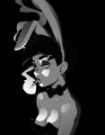  1girl absurdres animal_ears bare_shoulders black_background black_hair bow bowtie breasts cigarette cleavage earclip earrings eyeshadow from_side greyscale highres jewelry makeup monochrome original playboy_bunny pudgeruffian rabbit_ears short_hair smoking stud_earrings tired upper_body 