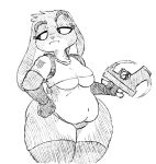  2021 anthro big_butt breasts butt digital_media_(artwork) disney female fur judy_hopps katghras lagomorph leporid mammal monochrome mostly_nude rabbit simple_background solo thick_thighs under_boob weapon zootopia 