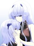  2girls breasts collarbone cryska_barchenowa eyebrows_visible_through_hair gradient gradient_background hand_on_another&#039;s_face highres hug inia_sestina kamon_rider large_breasts looking_down multiple_girls muvluv muvluv_alternative muvluv_total_eclipse open_mouth purple_background purple_eyes silver_hair smile 