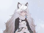  1girl animal_ear_fluff animal_ears arknights braid cape eyebrows_visible_through_hair grey_eyes highres jewelry leopard_ears leopard_girl leopard_tail light_blush long_hair looking_at_viewer necklace pramanix_(arknights) snow solo tail turtleneck twin_braids upper_body watch white_hair wristwatch 