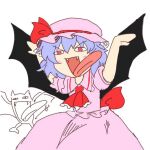  &lt;|&gt;_&lt;|&gt; 1girl ascot back_bow bat_wings blue_hair bow fang frilled_shirt frilled_shirt_collar frilled_sleeves frills golbat hat hat_ribbon mob_cap mokoo43451177 pink_shirt pink_skirt pokemon pokemon_(game) puffy_short_sleeves puffy_sleeves red_eyes remilia_scarlet ribbon shirt short_hair short_sleeves skirt tongue tongue_out touhou vampire wings 