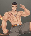  1boy abs alca animal_ears bara bare_arms beard black_hair chest_tattoo creature facial_hair grey_shorts gyee highres jacket jewelry lion_boy lion_ears lion_tail male_focus mature_male muscular muscular_male navel necklace nipples open_clothes open_jacket original pectorals renjc shorts sleeveless sleeveless_jacket solo stomach tail tattoo thick_eyebrows topless_male undercut 