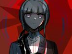  1girl bangs black_gloves blunt_bangs closed_mouth collared_shirt danganronpa_(series) danganronpa_3_(anime) expressionless eyebrows_visible_through_hair gloves grey_eyes hand_up jacket kirigiri_kyouko long_hair looking_at_viewer purple_background qosic red_background shirt solo 