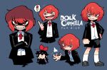  1boy 1girl :3 absurdres black_dress black_jacket black_shorts blue_background blush_stickers character_name chibi crossed_arms dolk_carmilla dress english_text evil fangs food grey_footwear highres ice_cream jacket long_fingers original rariatto_(ganguri) red_eyes shirt shoes shorts smug socks vampire white_legwear white_shirt zakuro_(rariatto) 