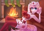  absurd_res anthro anthrofied big_breasts bra breasts christmas christmas_clothing christmas_lingerie clothed clothing dandy_(artist) equi equid equine female fire fireplace friendship_is_magic hasbro hi_res holidays legwear lingerie mammal my_little_pony nurse_redheart_(mlp) panties solo thigh_highs underwear 
