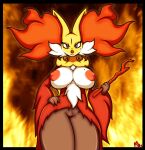  anthro beauty_mark big_breasts breasts delphox female genitals hand_on_hip hi_res looking_at_viewer moxlewd nintendo nude pok&eacute;mon pok&eacute;mon_(species) pussy smile solo video_games 