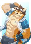 1boy abs absurdres animal_ears bara bare_pectorals barrel_(live_a_hero) beige_fur brown_fur bulge cowboy_shot dog_boy dog_ears dog_tail dutch_angle furry furry_male goggles goggles_on_head grey_male_swimwear highres ioenami large_bulge large_pectorals live_a_hero looking_at_viewer male_focus male_swimwear muscular muscular_male navel navel_hair nipples official_alternate_costume one_eye_closed open_clothes open_shirt orange_fur pectorals see-through short_hair smirk solo stomach swim_briefs tail 