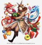 1boy animal_ears antlers ashton_anchors bangs bell black_footwear black_headband boots bow brown_coat brown_hair brown_pants christmas coat deer_ears fake_facial_hair fake_mustache full_body gift green_belt green_bow hat headband holding holding_gift holly kijimoto_yuuhi knee_boots male_focus mini_hat official_art pants parted_bangs red_bow red_headwear red_ribbon ribbon sack santa_hat simple_background solo star_(symbol) star_ocean star_ocean_anamnesis star_ocean_the_second_story white_background yellow_bow 