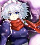  1girl blue_eyes braid breasts closed_mouth eyebrows_visible_through_hair izayoi_sakuya juliet_sleeves long_sleeves looking_at_viewer lowres maid maid_headdress medium_breasts mokoo43451177 perfect_cherry_blossom puffy_sleeves red_scarf scarf short_hair silver_hair touhou twin_braids upper_body 