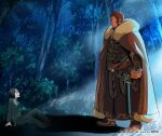  2boys are_you_my_master armor beard breastplate cape cleavage_cutout clothing_cutout eye_contact facial_hair fate/zero fate_(series) forest full_body fur-trimmed_cape fur_trim iskandar_(fate) kikuyarou looking_at_another male_focus mature_male moonlight multiple_boys muscular muscular_male nature red_cape red_eyes red_hair short_hair size_difference standing waver_velvet 