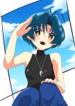  1girl antenna_hair bangs blue_eyes blue_pants blush breasts brown_eyes cloud eyebrows_visible_through_hair hand_on_own_knee head_tilt highres jewelry kamon_rider looking_at_viewer muvluv muvluv_alternative necklace open_mouth pants parted_bangs salute sky small_breasts smile solo yoroi_mikoto 