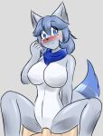  anthro blue_eyes blue_hair blush breasts canid canine canis cowgirl_position dipstick_tail duo female from_front_position fur genitals grey_body grey_fur hair hi_res human male male/female mammal markings moonlight_(pb) on_bottom on_top penetration penis pussy raised_arm scarf sex smile solo_focus tail_markings tetsushi vaginal vaginal_penetration wolf 