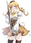  1girl absurdres beret blonde_hair drill_hair hair_ornament hat highres long_hair magical_girl mahou_shoujo_madoka_magica misteor short_hair solo thighhighs tomoe_mami twin_drills twintails weapon yellow_eyes 