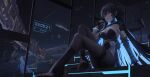  black_hair black_legwear breasts dress feet flower highres jay_xu large_breasts long_hair long_sleeves no_bra pantyhose planet punishing:_gray_raven purple_eyes reflection selena_(punishing:_gray_raven) space space_craft toes window 