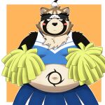  anthro belly blush canid canine cheerleader clothed clothing crossdressing embarrassed hi_res lifewonders live-a-hero male mammal midriff navel overweight pom_poms raccoon_dog shoen solo tanuki video_games yaki_atsuage 