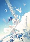 1girl absurdres animal bare_shoulders barefoot bird blue_hair blue_sky chain cloud cloudy_sky cuffs death dress falling feathers film_grain hand_on_own_knee highres ledge long_hair neg_(101neg) original outdoors pillar planet scenery shackles sitting sky solo spiral_staircase stairs white_bird white_dress white_feathers 