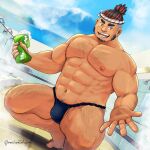  1boy :d abs bara beckoning black_hair blue_male_underwear bulge chest_hair dark-skinned_male dark_skin facial_hair fangs foot_out_of_frame fundoshi goatee hachimaki headband japanese_clothes large_pectorals leg_hair looking_at_viewer male_focus male_underwear mature_male mountain multicolored_hair muscular muscular_male navel navel_hair nipples omochiwotakusan onsen outstretched_hand pectorals reaching_out red_hair reward_available sarutahiko_(housamo) short_hair sideburns smile soap solo squatting steam stomach thick_thighs thighs tied_hair tokyo_afterschool_summoners two-tone_hair undercut underwear underwear_only 