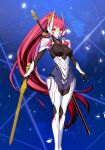  1girl animal_ears armor black_bodysuit blazblue blazblue:_bloodedge_experience blazblue:_central_fiction blazblue_alternative:_dark_war blue_background bodysuit breasts detached_sleeves golden_sword hair_ornament hair_tubes hakumen highres izayoi_(blazblue) katana large_breasts long_hair mask mouth_mask naoto_kurogane official_art pauldrons ponytail red_eyes red_hair shoulder_armor solo sword toshimichi_mori trail tsubaki_yayoi very_long_hair weapon white_armor 