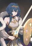  1girl ahoge armor bare_shoulders breasts cape commentary commission detached_sleeves english_commentary eyebrows_visible_through_hair falchion_(fire_emblem) fire_emblem fire_emblem_awakening fur-trimmed_cape fur_trim highres holding holding_shield holding_sword holding_weapon jun_(seojh1029) looking_at_viewer making-of_available morgan_(fire_emblem) morgan_(fire_emblem)_(female) purple_eyes purple_hair shield short_hair simple_background skeb_commission solo sword weapon 