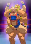  2boys abs abs_cutout absurdres ashuraman bara blush bulge crotch_grab crown extra_arms full_body highres kinnikuman kinnikuman_(character) large_pectorals lips male_focus mk_29 multiple_boys muscular muscular_male navel nipple_tweak pectoral_cleavage pectorals standing stomach sweat thick_thighs thighs wrestling_outfit wrestling_ring yaoi 