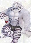  1boy abs alternate_costume alternate_hairstyle animal_ears arknights bara bare_pectorals black_male_underwear boxer_briefs bulge casual collared_shirt cross-laced_underwear cup drinking_glass foot_out_of_frame fuga9 furry furry_male large_pectorals looking_at_viewer male_focus male_underwear messy_hair mountain_(arknights) muscular muscular_male navel nipples open_clothes open_shirt pectorals scar scar_across_eye scar_on_face scar_on_stomach shirt short_hair solo stomach thighs tiger_boy tiger_ears underwear white_fur white_hair white_shirt wine_glass 