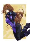  airborne bangs blush bodysuit border breasts bright_pupils brown_eyes brown_hair covered_navel eyebrows_visible_through_hair fortified_suit highres jinguuji_marimo kamon_rider long_hair looking_at_viewer low_ponytail medium_breasts muvluv muvluv_alternative one_eye_closed outside_border smile white_border white_pupils yellow_background 