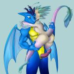  absurd_res anthro blue_body breasts butt claws digital_media_(artwork) dragon duo erection feathers female genitals hi_res horn imminent_sex male male/female muscular nude penis pussy ramerooni simple_background smile wings 
