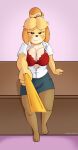  absurd_res animal_crossing anthro big_breasts blush bottomwear bra breasts canid canine canis clothing clothing_pull domestic_dog female hi_res isabelle_(animal_crossing) legwear looking_at_viewer mammal necktie necktie_pull nintendo pantyhose porldraws shih_tzu skirt solo toy_dog unbuttoned_shirt underwear video_games 