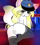  anthro anus black_clothing black_legwear black_stockings blonde_hair blue_eyes blue_mouth blush canid canine canis clothing crime_scene female fur genitals hair legwear long_hair looking_at_viewer looking_back mammal markings mostly_nude nora_the_wolf_(artist) open_mouth police police_hat pussy raised_leg solo stockings striped_markings stripes white_body white_fur wolf yellow_markings 