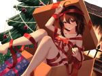  1girl ahoge arm_up bangs blush box breasts brown_hair christmas_tree commentary commission english_commentary feet_out_of_frame fire fireplace gift gift_box hair_between_eyes highres holding holding_ribbon in_box in_container jl_tan looking_at_viewer medium_breasts medium_hair naked_ribbon open_mouth original red_eyes red_ribbon ribbon solo 