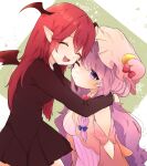  2girls ;| bangs bare_shoulders black_skirt black_vest blue_ribbon blush bow breasts closed_eyes closed_mouth commentary_request crescent crescent_hat_ornament demon_girl demon_tail demon_wings dot_nose dress eyelashes fang flying_sweatdrops hair_ribbon hat hat_bow hat_ornament head_wings heart highres hug koakuma large_breasts long_hair long_sleeves looking_at_viewer mob_cap multiple_girls necono_(nyu6poko) one_eye_closed open_mouth patchouli_knowledge pointy_ears purple_eyes purple_hair red_bow red_hair ribbon shirt sidelocks skin_fang skirt standing striped striped_dress tail touhou tress_ribbon vertical-striped_dress vertical_stripes vest white_shirt wings 