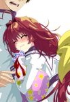  1boy 1girl ahoge bag blush brown_hair couple eyebrows_visible_through_hair hair_intakes hair_ribbon hakuryou_high_school_uniform heart_hair hetero highres holding holding_bag jacket kagami_sumika kamon_rider leaning_on_person long_hair low-tied_long_hair muvluv open_hand parted_lips red_hair ribbon school_uniform shirogane_takeru smile white_background white_jacket yellow_ribbon 