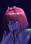  1girl absurdres ahoge bangs black_background breasts cleavage collarbone glowing glowing_eye hair_intakes hair_ribbon hands_on_own_face highres kagami_sumika kamon_rider long_hair muvluv muvluv_alternative one_eye_covered parted_lips red_hair ribbon solo spoilers yellow_ribbon 