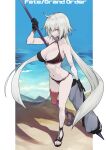  10mo 1girl ahoge bangs bare_shoulders beach bikini black_bikini black_gloves black_jacket blue_sky breasts choker cleavage collarbone cropped_jacket fate/grand_order fate_(series) flag full_body gloves highres jacket jeanne_d&#039;arc_(alter_swimsuit_berserker)_(fate) jeanne_d&#039;arc_(fate) large_breasts long_hair looking_at_viewer navel o-ring o-ring_bikini ocean polearm red_legwear sandals shore silver_hair single_thighhigh sky solo swimsuit thigh_strap thighhighs thighs very_long_hair weapon yellow_eyes 