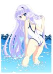  1girl ass bangs blush eyebrows_visible_through_hair from_behind highres inia_sestina kamon_rider leaning_forward long_hair looking_at_viewer looking_back muvluv muvluv_alternative muvluv_total_eclipse one-piece_swimsuit parted_lips silver_hair solo swimsuit water white_swimsuit 