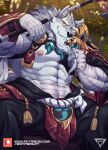  1boy abs absurdres animal_ear_fluff animal_ears bandaged_arm bandages bara bare_pectorals beard bulge covered_abs covered_navel estper facial_hair feet_out_of_frame forest furry furry_male grey_fur highres large_pectorals law_(sdorica) long_beard long_hair looking_at_viewer magatama magatama_necklace male_focus mature_male midriff_sarashi muscular muscular_male nature nipples over_shoulder pectorals pelvic_curtain reward_available sarashi sdorica sitting smile solo stomach stroking_beard thick_thighs thighs underpec very_long_beard weapon weapon_over_shoulder wolf_boy wolf_ears 